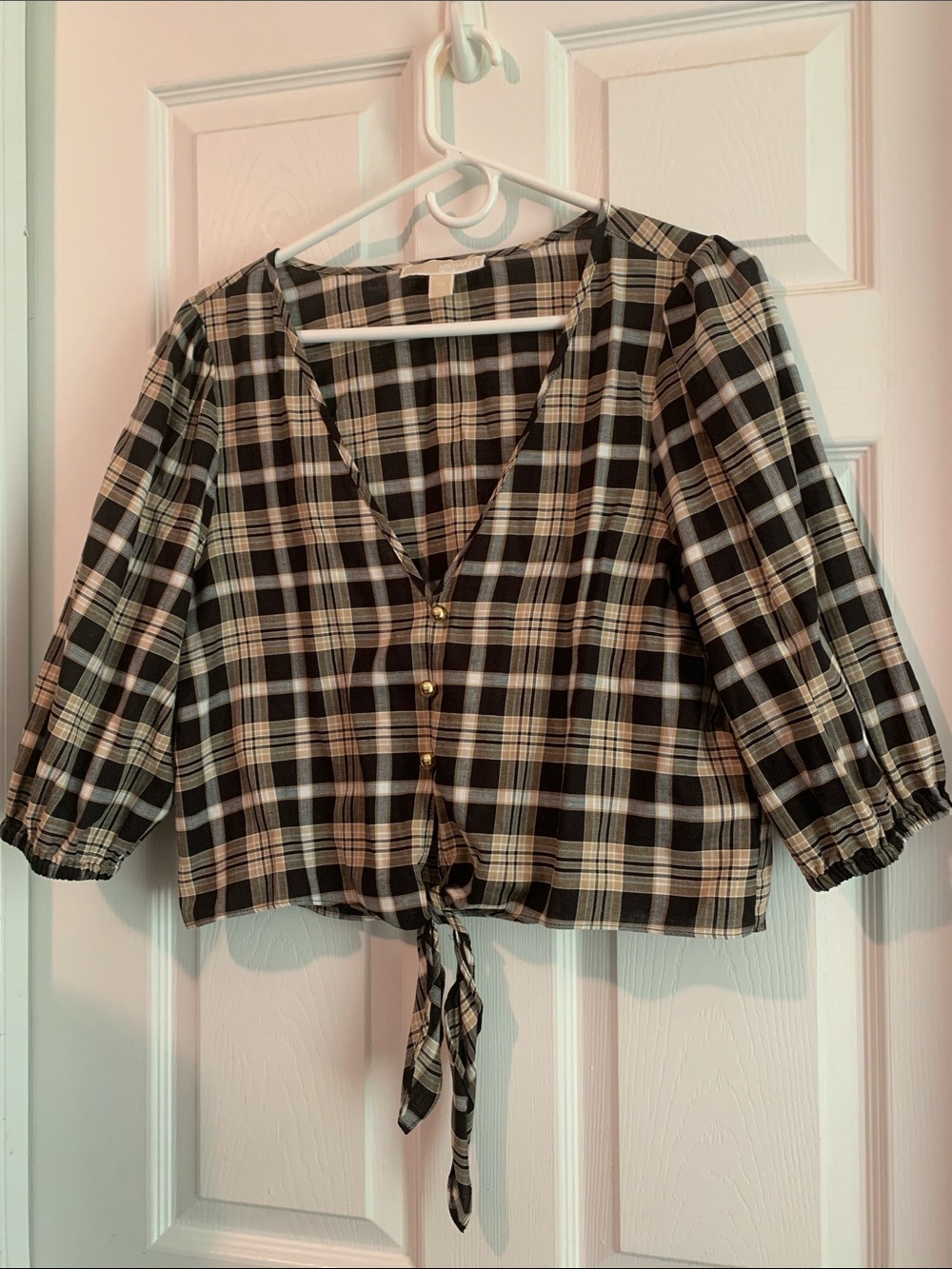 Michael Kors Black and Cream Plaid Tie-Front Blouse